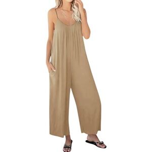 Tan loose fit wide leg adjustable spaghetti strap stretch jumpsuit size large